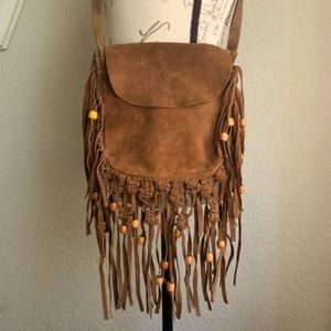 Boho Fringe Beaded Leather Bag